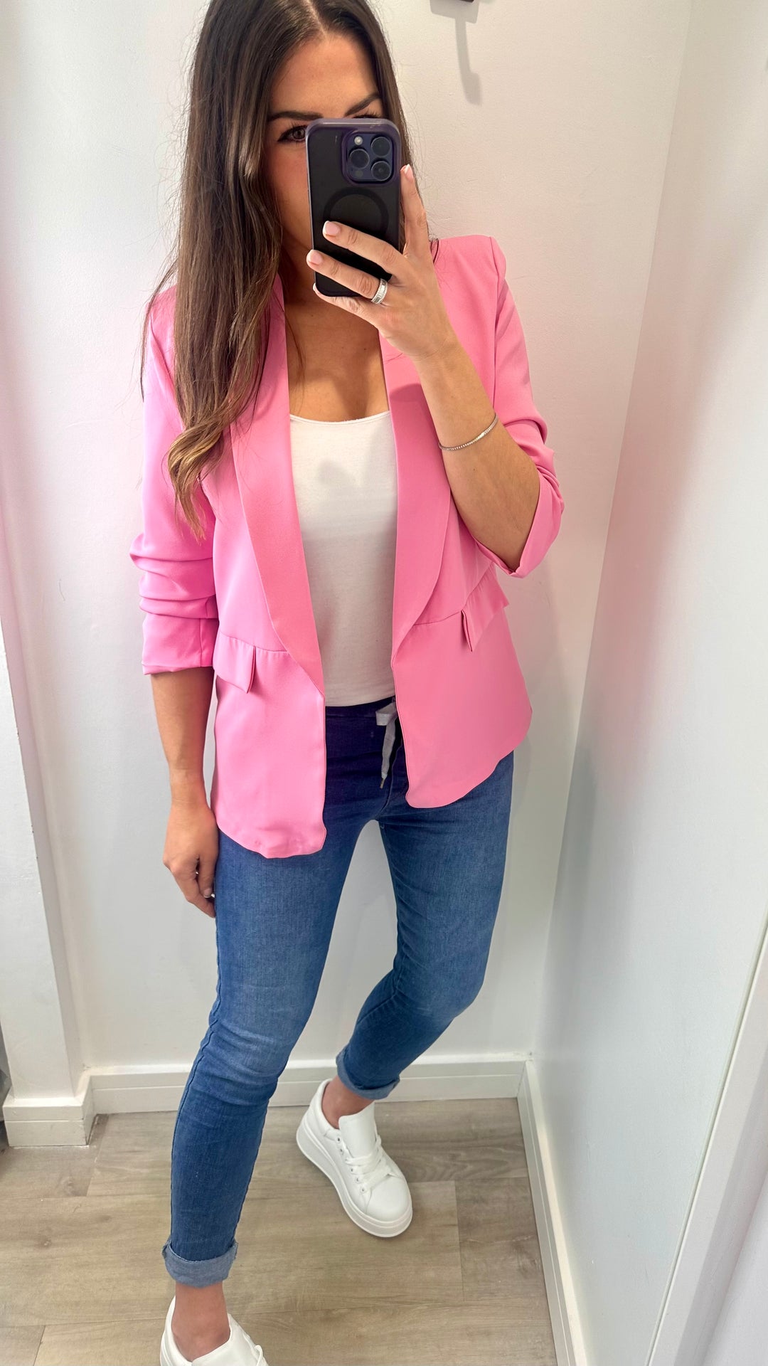 BUBBLEGUM PINK RUCHED SLEEVE BLAZER The Find Boutique